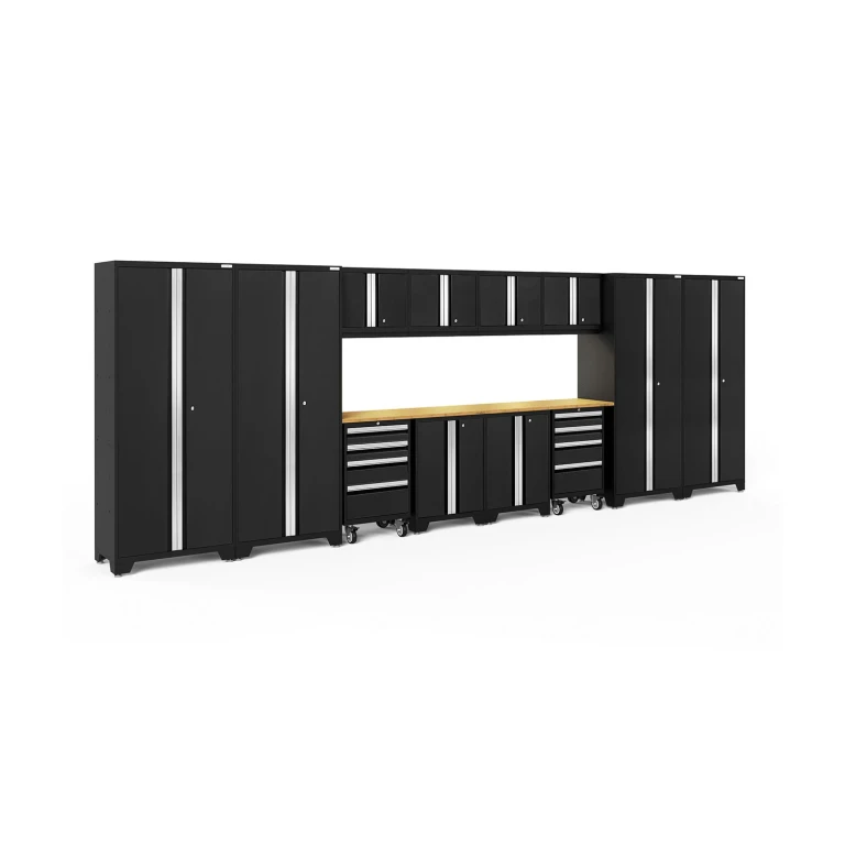Bold Series 14 Piece Cabinet Set, 216' W x 18' D x 76.75' H - Black, Bamboo Top:- Black, Bamboo Top