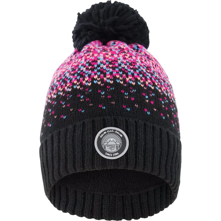 Black And Pink Lined Knit Pompom Hat - Little Girl