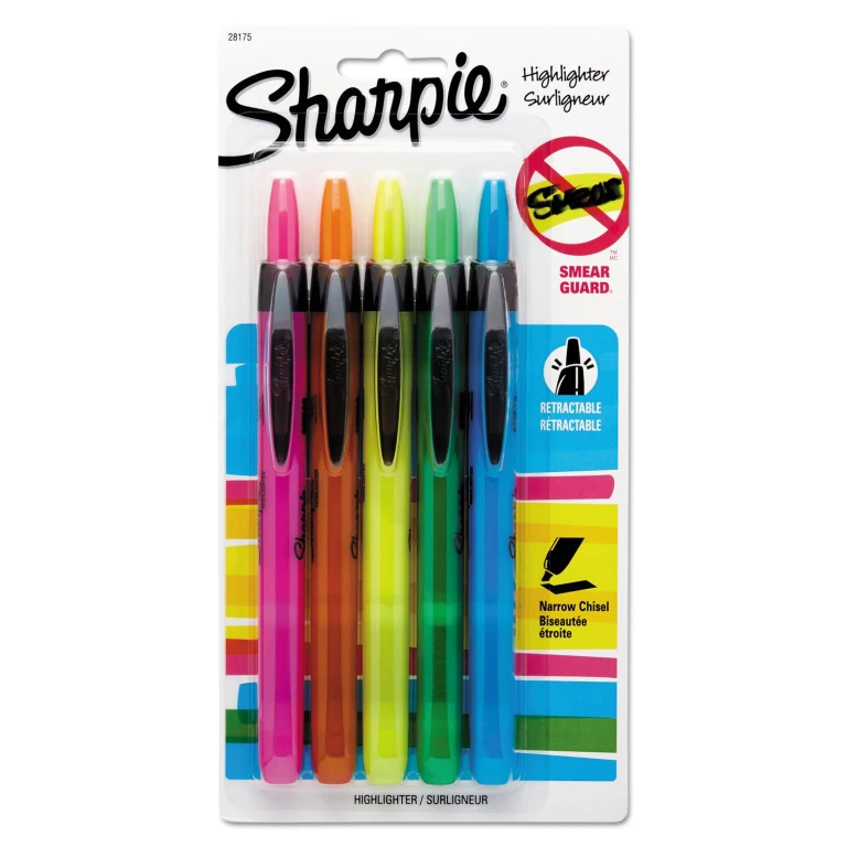 Retractable Highlighters, Chisel Tip, Assorted Fluorescent Colors - 5/Set
