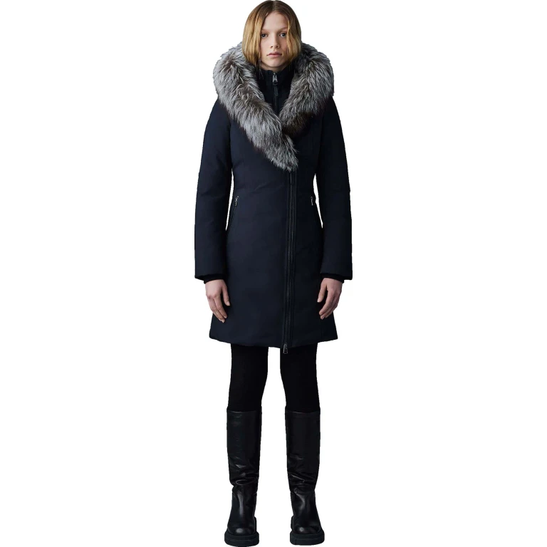 Trish Down Coat with Silver Fox Fur Trimmed Collar and Hood - Women's