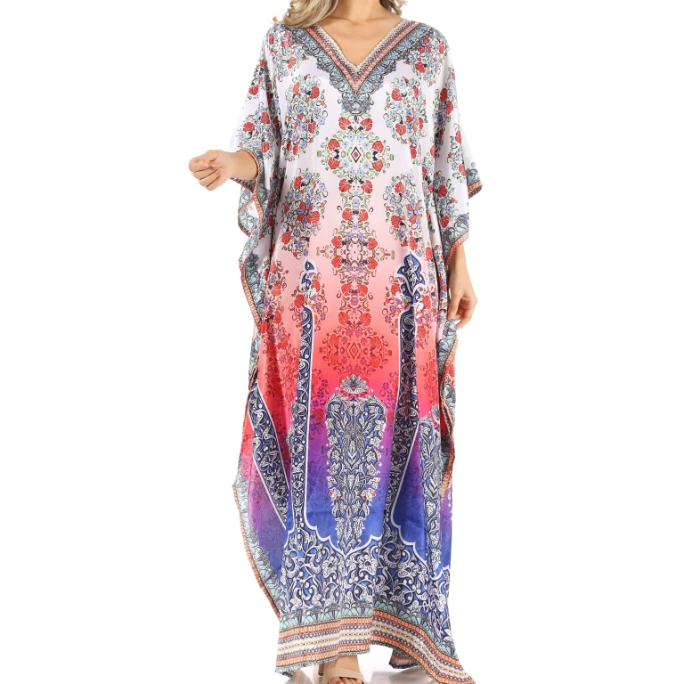 Sakkas Anahi Flowy Design V Neck Long Caftan Dress / Cover Up With Rhinestone