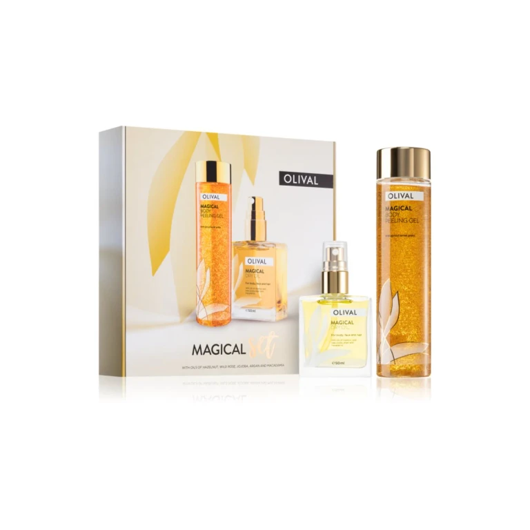 Magical Illuminating and Hydrating Gift Set Exfoliating Cleansing Gel 200ml + Multi-Function Dry Oil with Glitter for Face, Body and Hair 50ml