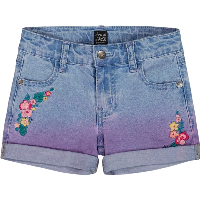 Cuffed Denim Shorts with Embroidery - Little Girl