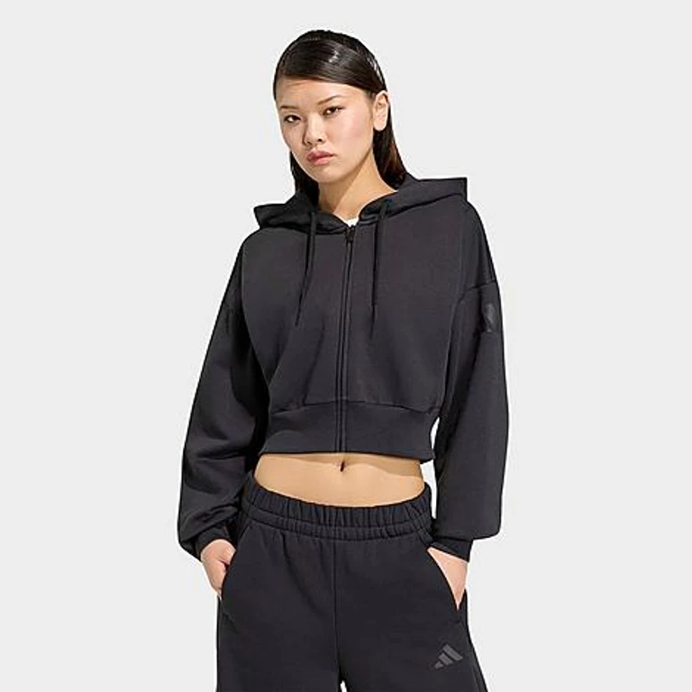 Women's Essentials Contemporary Fleece Full-Zip Hooded Jacket in Black Size: XXS