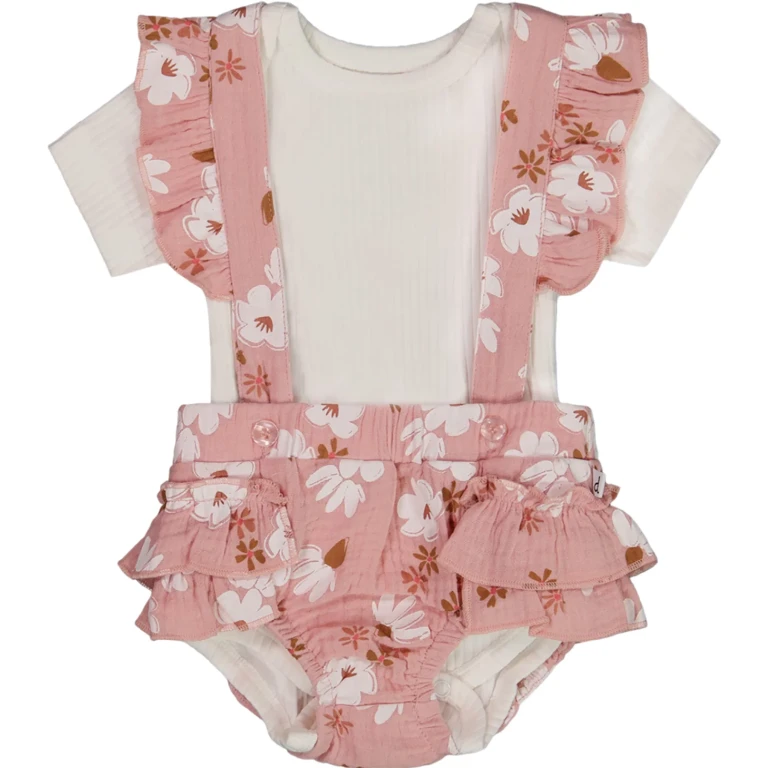 Printed Muslin Shortall and Organic Cotton Bodysuit Set - Baby Girl