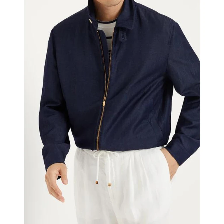 Navy Wool Linen Zip Jacket