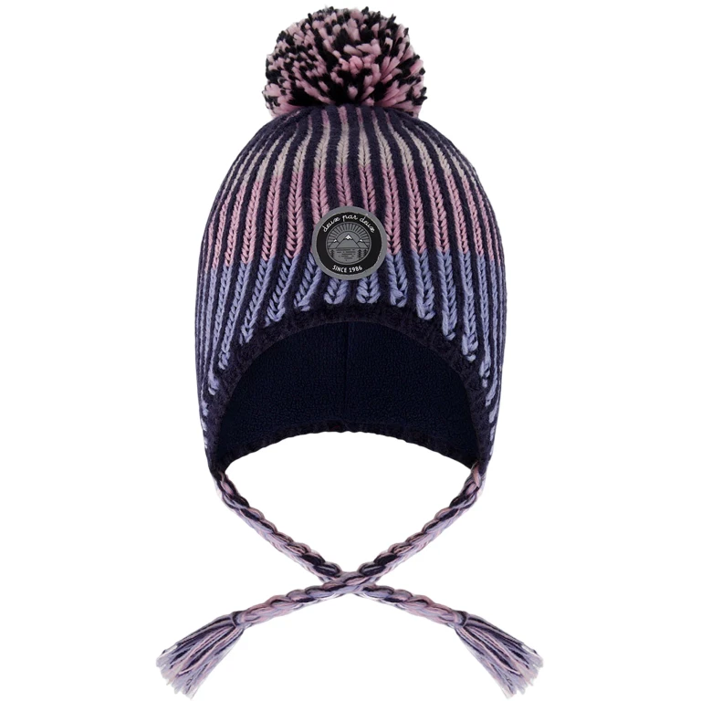 Black-Purple Lined Peruvian Knit Pompom Hat - Little Girl