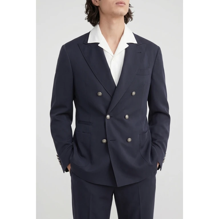 Dark Blue Silk Double Breasted Blazer
