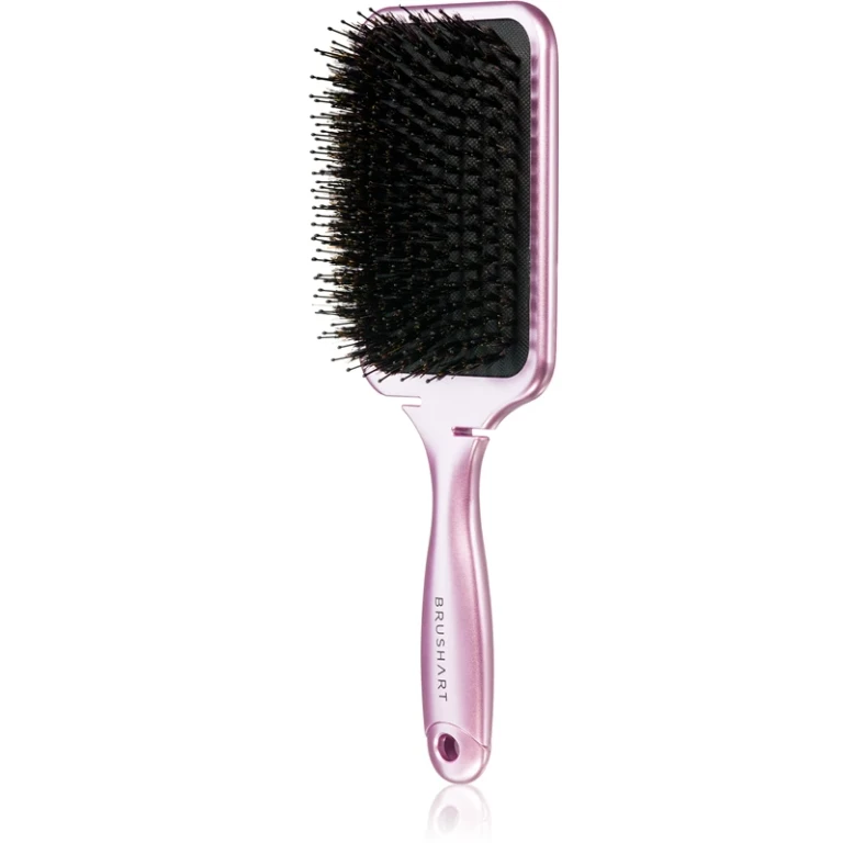 Boar bristle paddle hairbrush with pink boar bristles