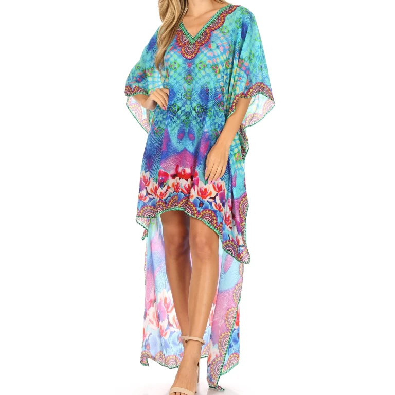 Sakkas Laisson Flowy Hi Low Caftan Rhinestone Boxy V Neck Dress Top Cover / Up
