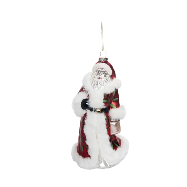 8.2 in Glass Holiday Santa Ornament with Faux Fur Detail for Christmas Tree Decoration