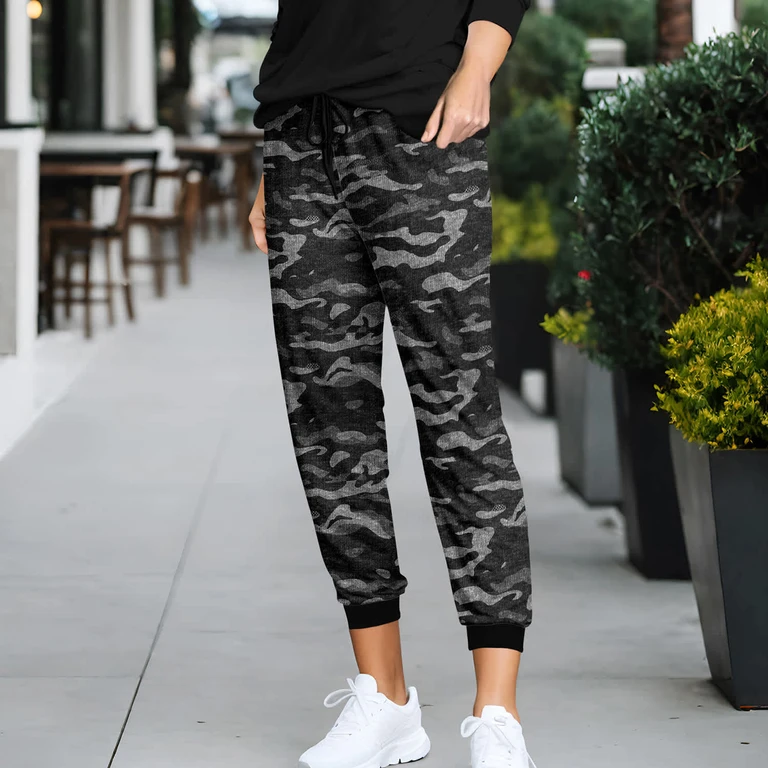 Grey And Black Camouflage Drawstring Joggers