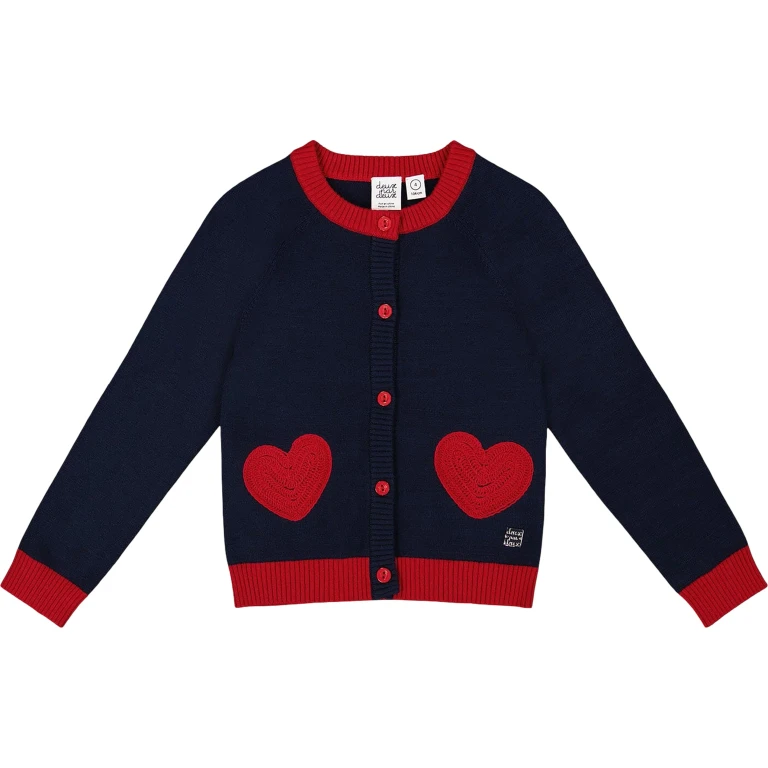 Knitted Cardigan with Red Embroidered Hearts - Little Girl