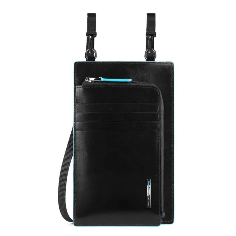 , Blue Square, Leather Shoulder Bag, Black, 11.5 x 19 x 2 cm, Men's