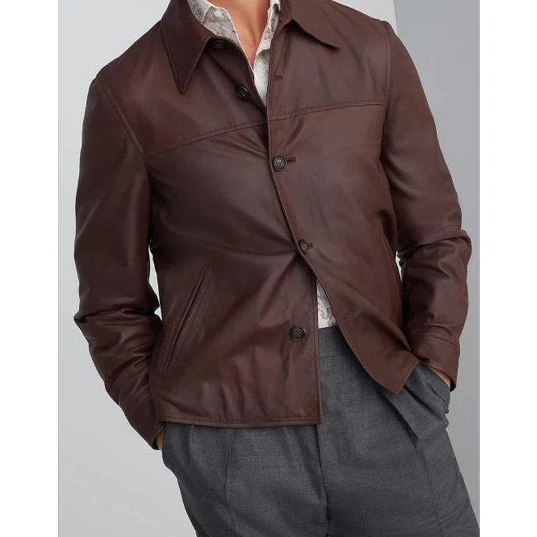 Coffee Leather Button-Up Jacket