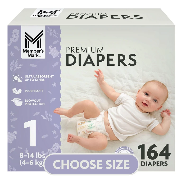 Premium Baby Diapers; Size 1, 164 ct., 8-14 lbs.:- 1 - 164 ct., 8-14 lbs.