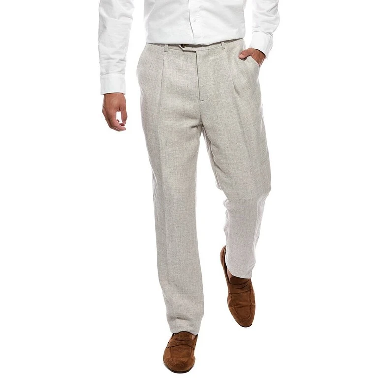Beige Linen Wool Tailored Trousers
