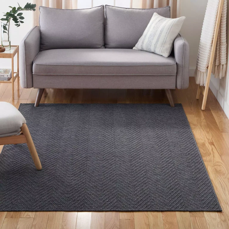 Pax Herringbone Textured Machine Washable Area Rug:- 7'10'x10'2', Black, Rectangle