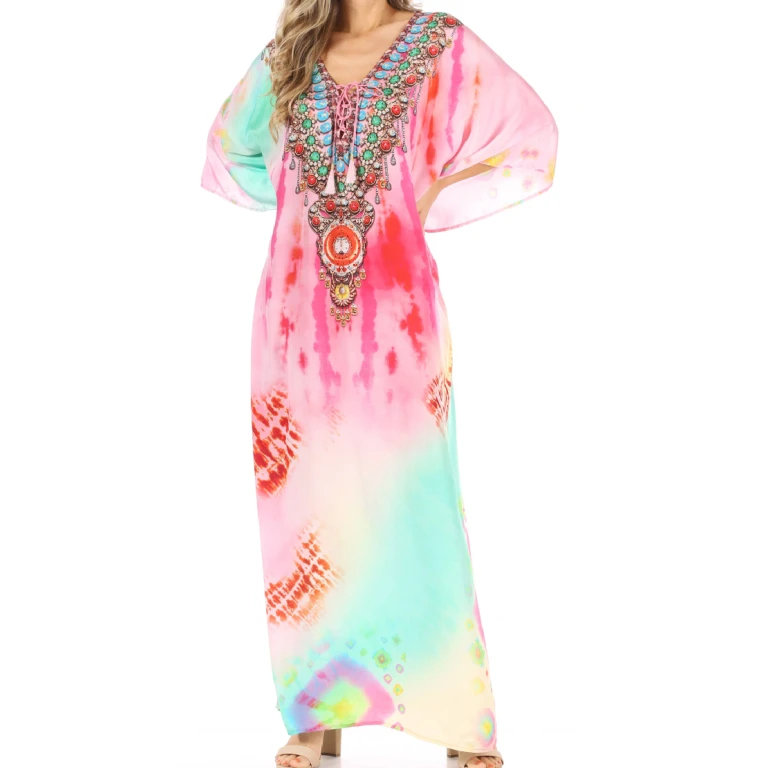 Sakkas Milanna Women's V neck Short Sleeve Vibrant Print Caftan Dress Cover-up