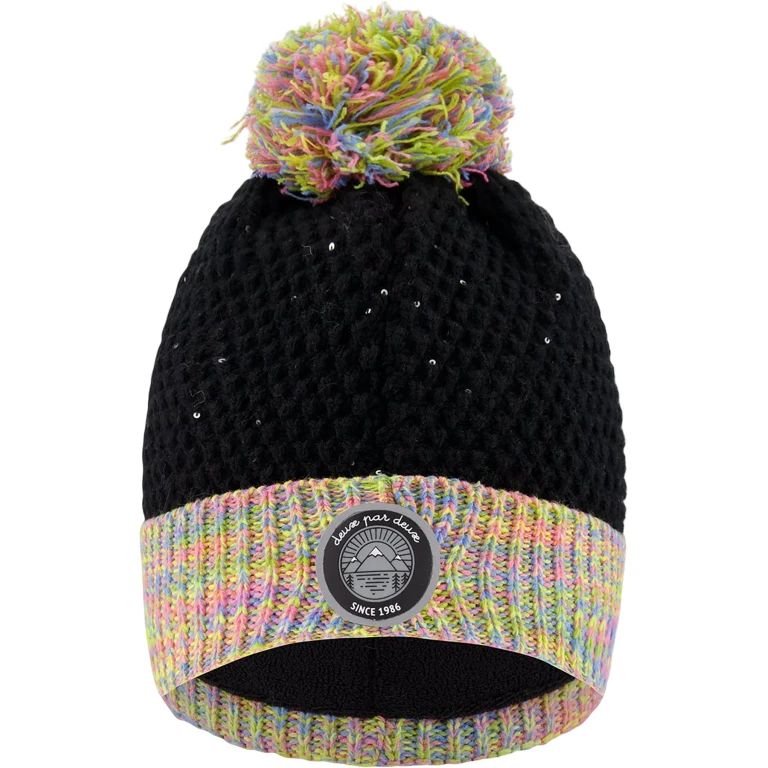 Black-Multicolor Lined Knit Pompom Hat - Little Girl