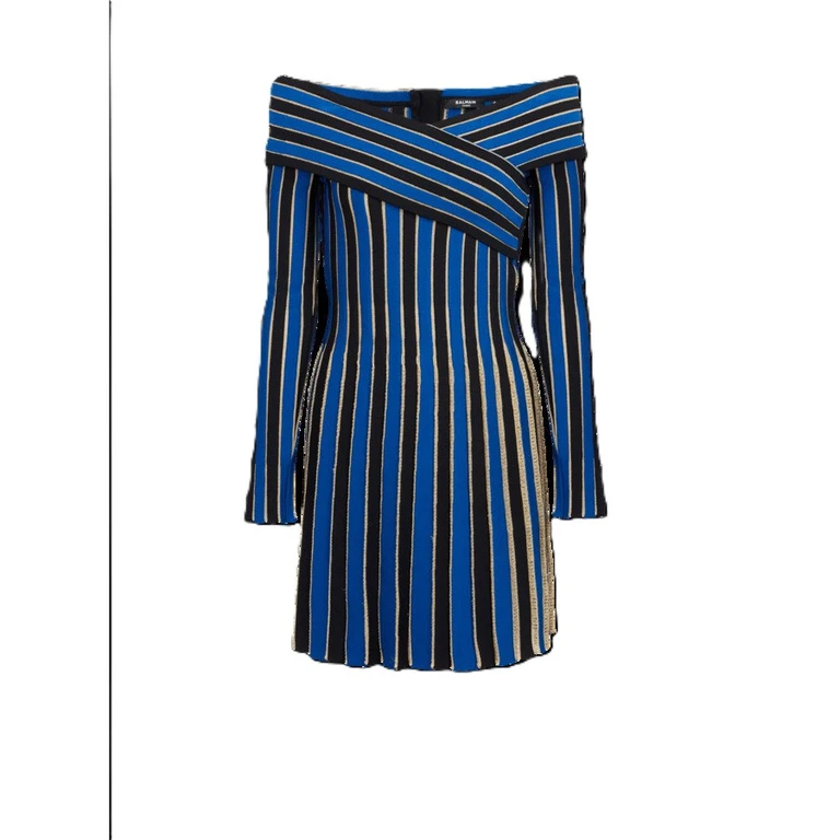 Women'S Electric Blue Lurex Off-Shoulder Pleated Dress