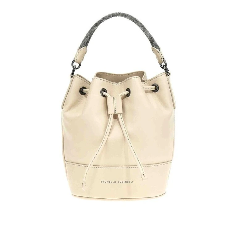 Women'S Cream Leather Drawstring Bucket Bag