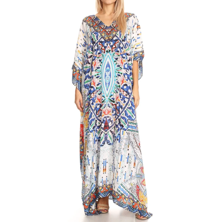 Sakkas Anahi Flowy Design V Neck Long Caftan Dress / Cover Up With Rhinestone