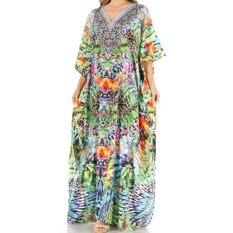 Sakkas Anahi Flowy Design V Neck Long Caftan Dress / Cover Up With Rhinestone
