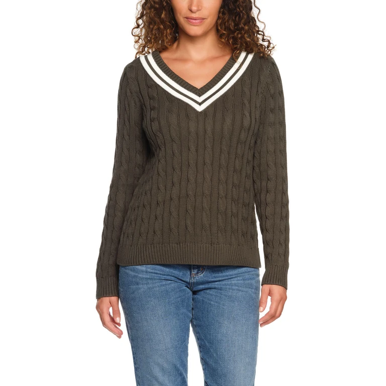 V-NECK CABLE SWEATER - GREEN XXL:- XXL, Green