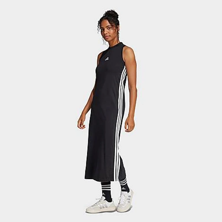 adidas Women's Essentials 3-Stripes Long Racerback Dress in Black/White Size: XS