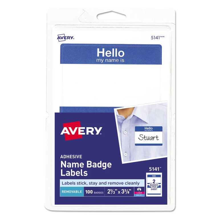 Printable Adhesive Name Badges, 3.38 x 2.33, Blue 'Hello', 100/Pack