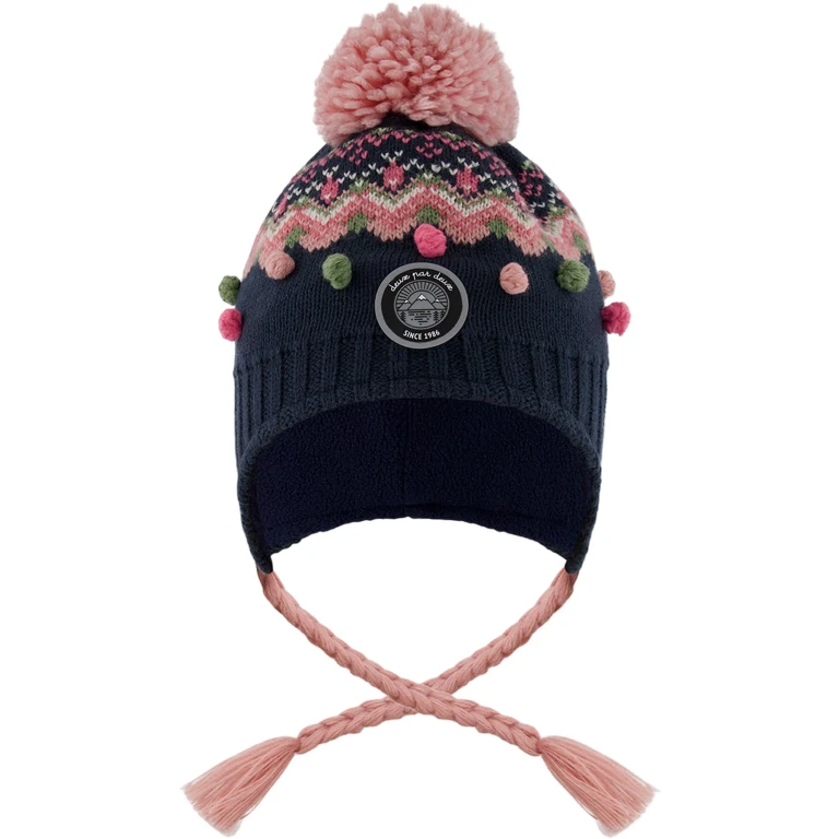 Navy Blue-Pink Lined Peruvian Knit Pompom Hat - Little Girl
