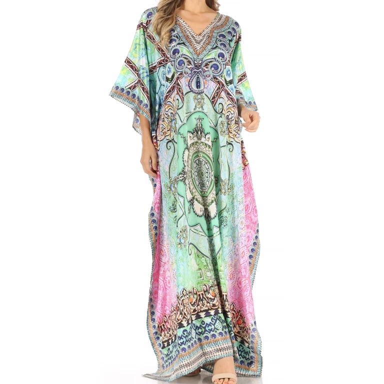 Sakkas Anahi Flowy Design V Neck Long Caftan Dress / Cover Up With Rhinestone
