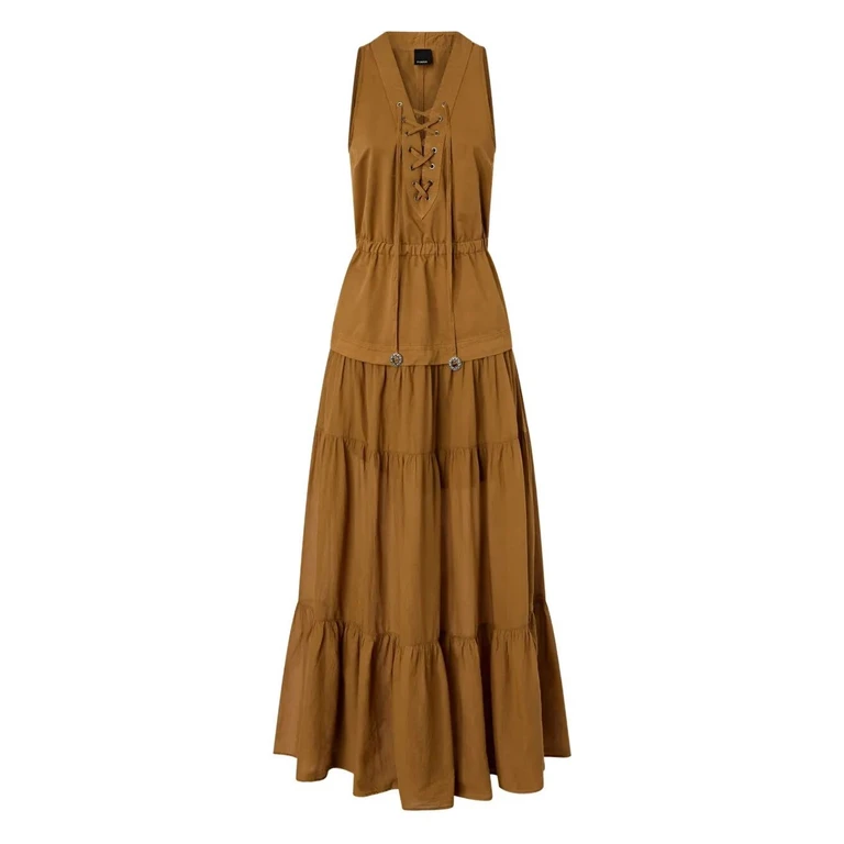 langes Baumwollkleid mit Rüsche und Bändern
