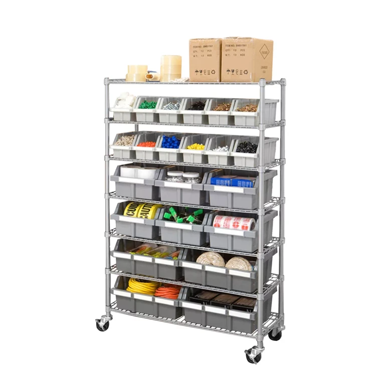 Steel Commercial Bin Rack With Wheels, 22 Bins, 36' W x 14' D x 56' H