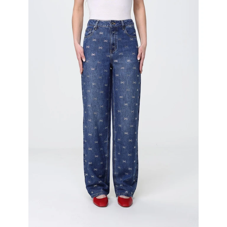 Wide-Leg Denim Jeans With Rhinestone Bows (SS26825PBLBLUE)