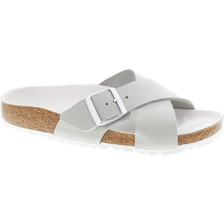 Women's Siena Big Buckle Suede Leather Washed Metallic White Sandals