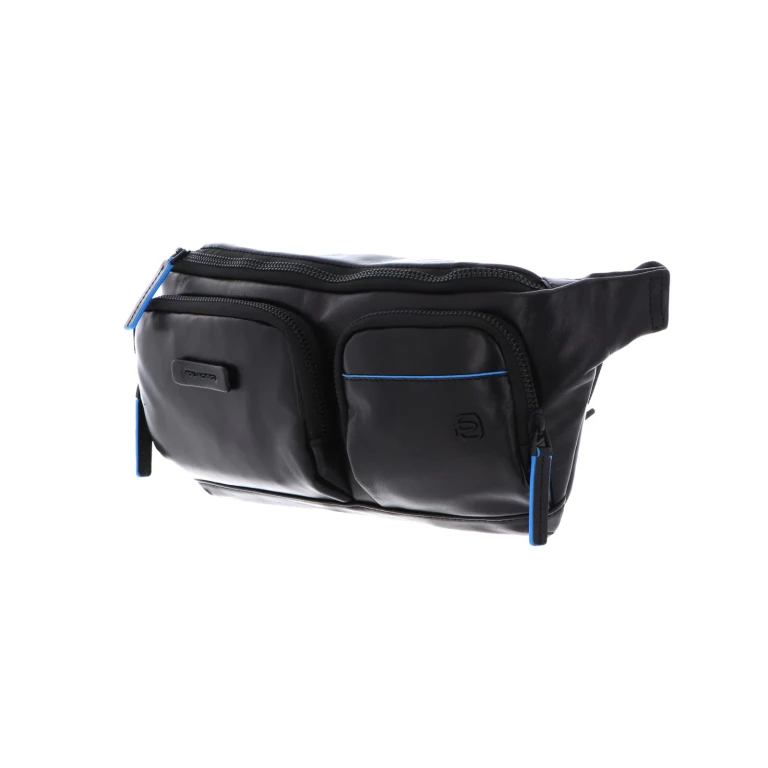 , Blue Square, Real Leather, Fabric Bum Bag, CA5578B2V, Black, 32x14x7 cm, Men