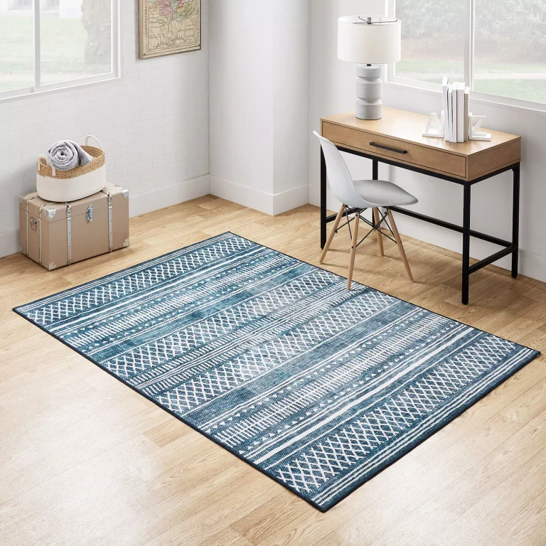 Everwash Washable Teen Area Rug, Blue Printed Stripe 5' x 7':- Blue Printed Stripe, 5' x 7'