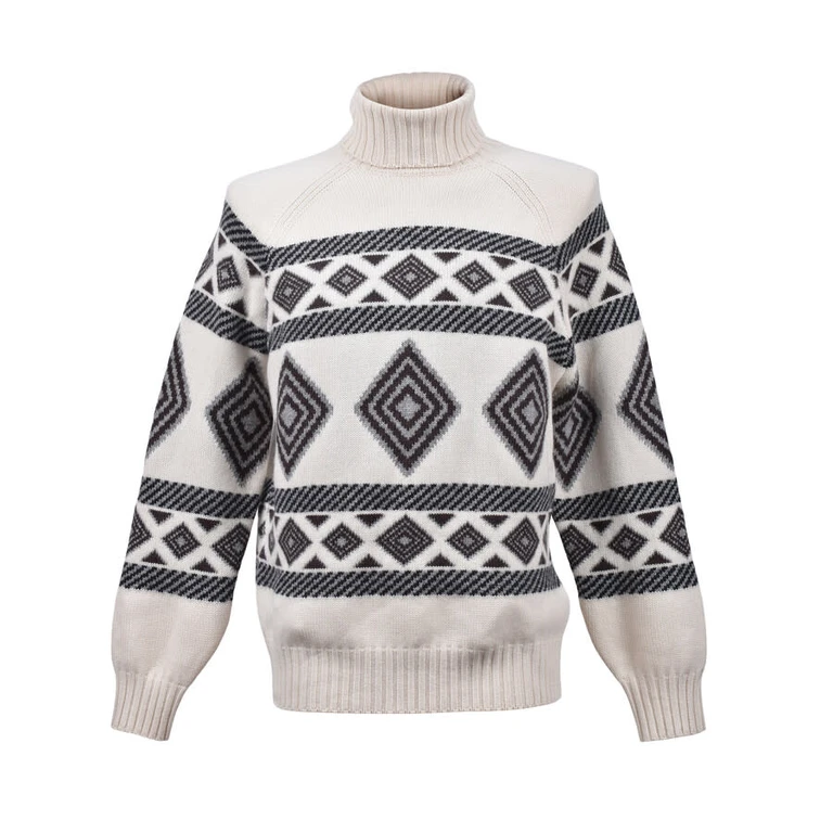 Men'S White Black Cashmere Patterned Turtleneck Sweater