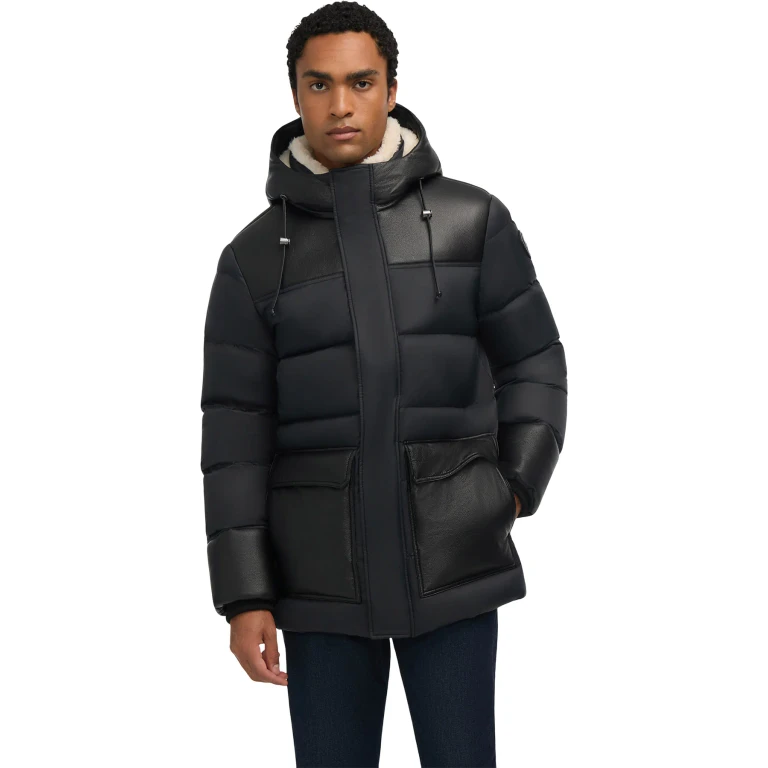 Wolf Mix Media Faux Shearling Puffer Parka with Fixed Hood - Men's