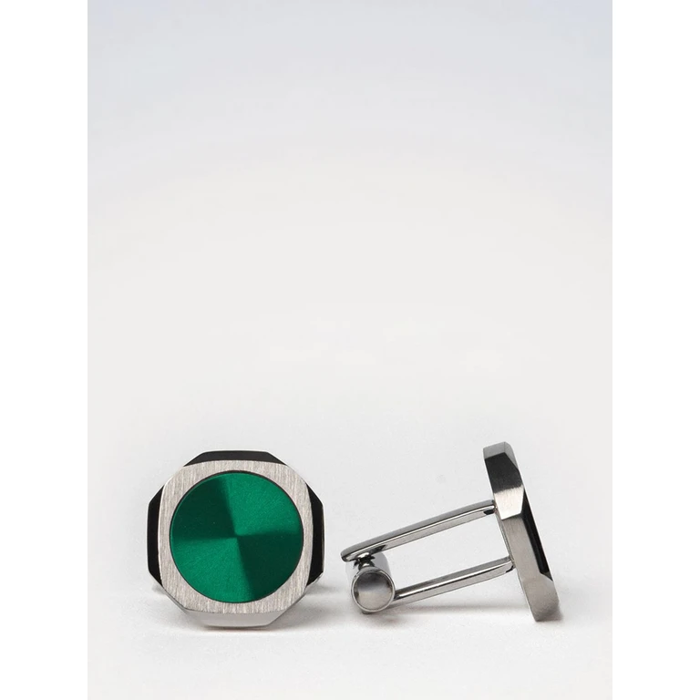 Two-Tone Steel Cufflinks with Rounded Shape and Engraved Logo (D1JWCLSU02GREEN&SILVERCUFFLINKS)