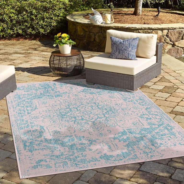 Costa Rica Outdoor Rug:- Pink/Aqua, 9' x 12'