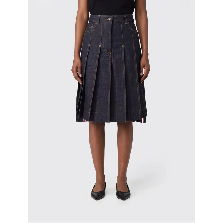 High-Waisted Pleated Denim Midi Skirt with Flag Logo (FGCA49AF1249415)