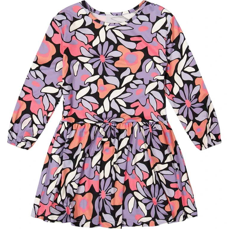 Black Retro Flower Jersey Dress - Big Girl