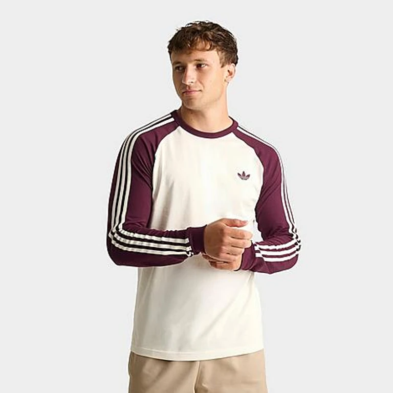 adidas Men's Originals 3-Stripes Long-Sleeve T-Shirt in Off White/Maroon Size: Small