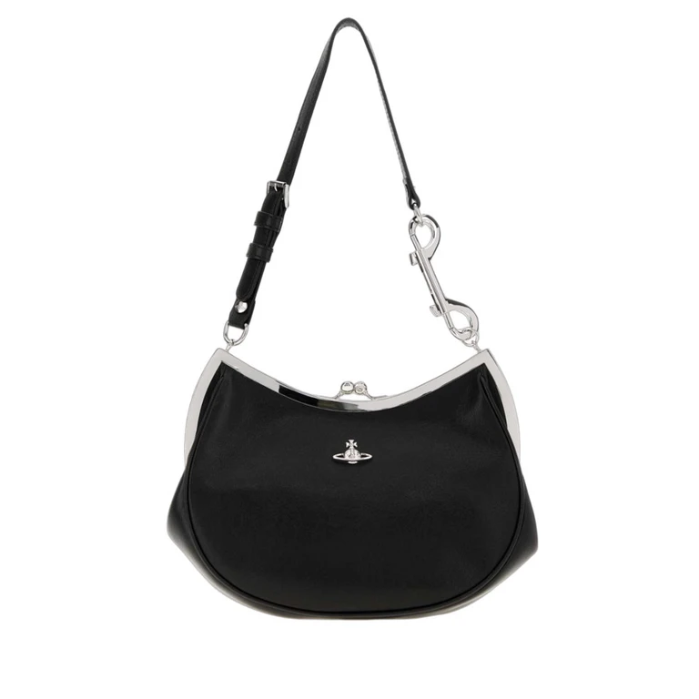 Black Leather Charm Frame Purse Shoulder Bag Borse A Mano