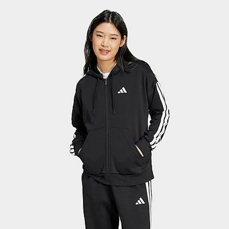 Women's Essentials 3-Stripes Fleece Full-Zip Hoodie in Black/White Size: XS