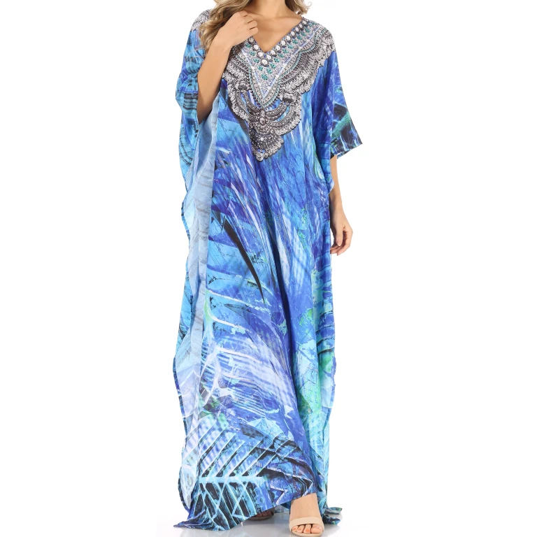 Sakkas Anahi Flowy Design V Neck Long Caftan Dress / Cover Up With Rhinestone