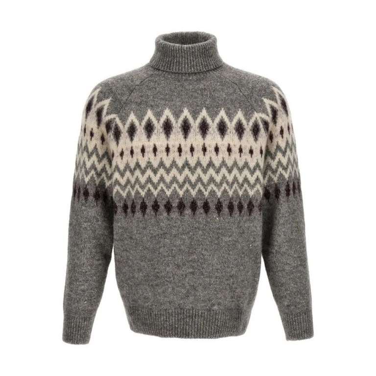 Grey Patterned Turtleneck Knit Sweater